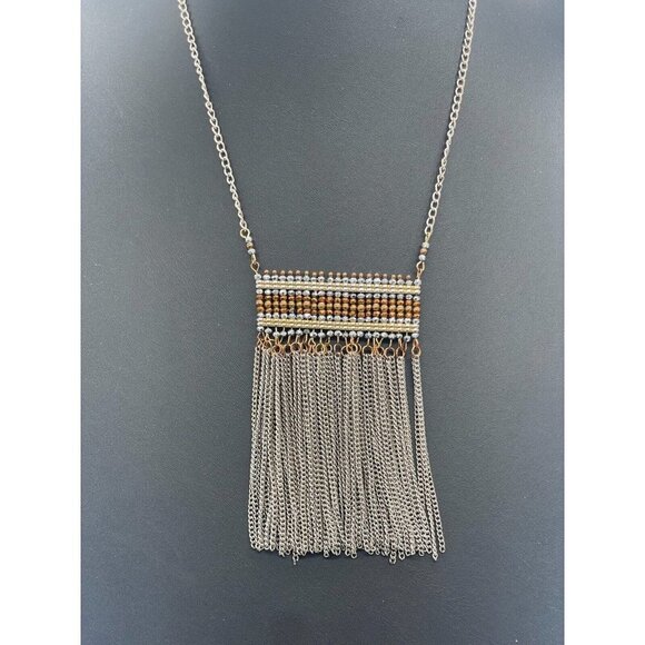 Beaded Tassel Fringe Pendant Chain Necklace Silver and Gold Tone 22 Inches - Picture 3 of 5